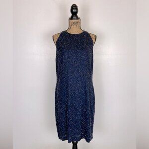 Linda Allard Ellen Tracy Silk Beaded Mini Dress Size 12 Blue Embellished RT $915